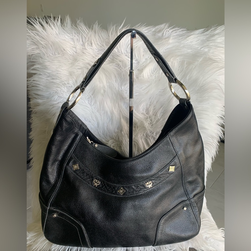 MCM Black Pebbled Leather Hobo with Silver-Tone Rings